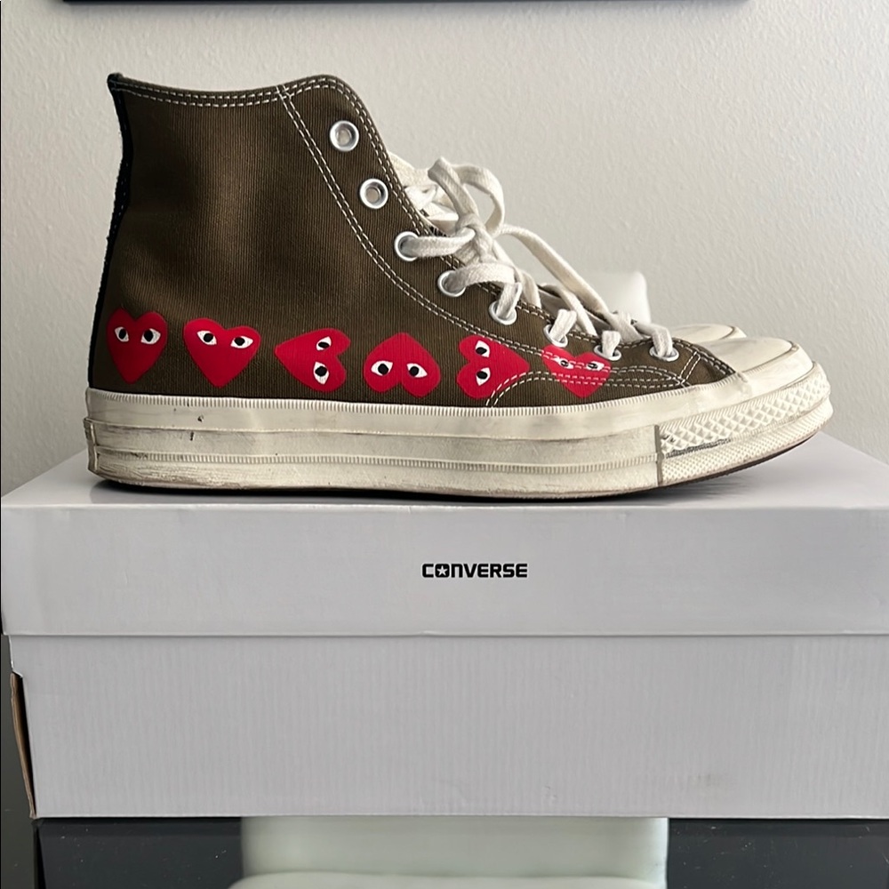 Converse Olive High-Tops with Red Heart Accents